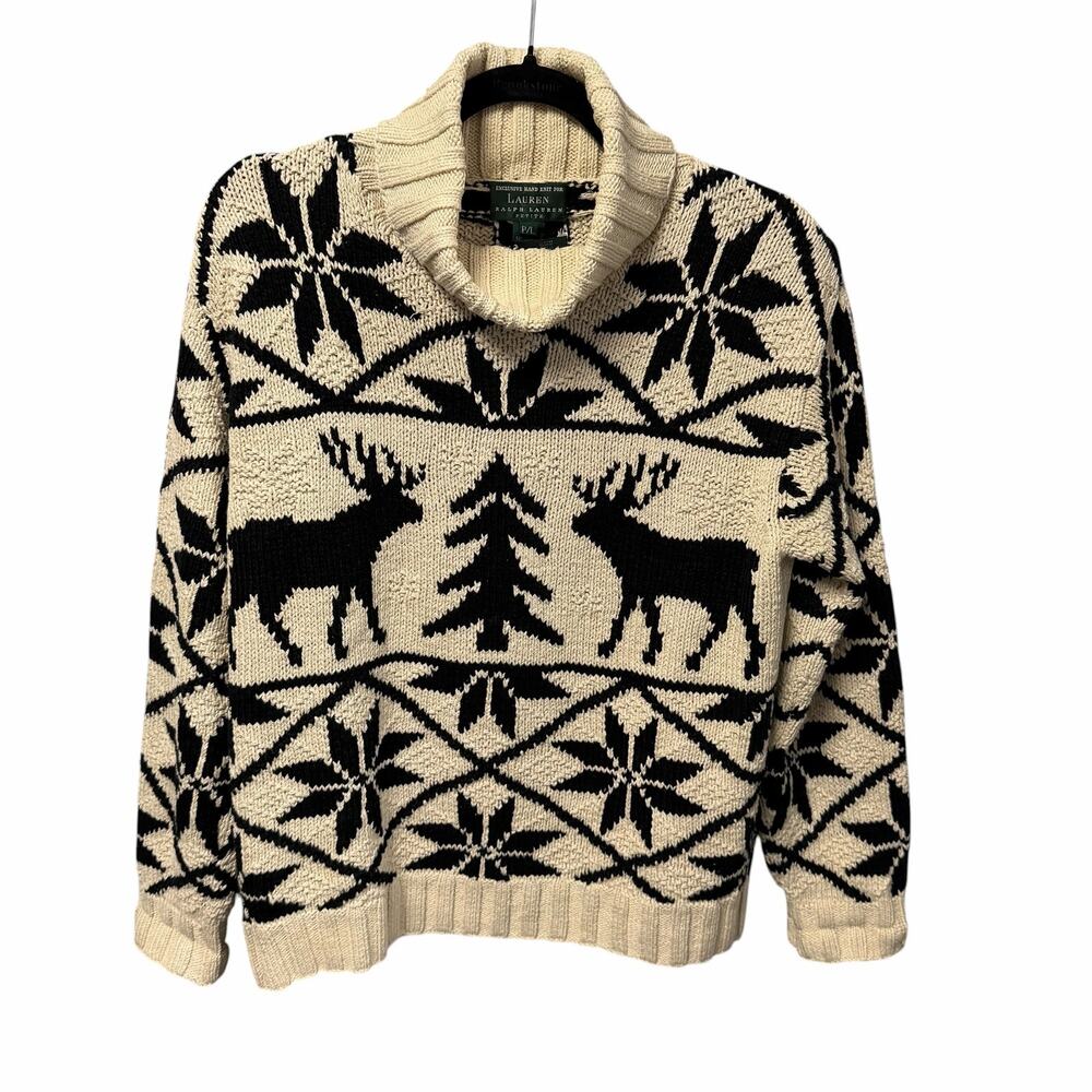 Vintage Lauren Ralph Lauren Hand Knit Sweater Fair Isle Moose Petite Large